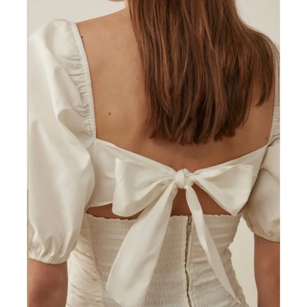 Reformation white puff sleeve ruched top NWT